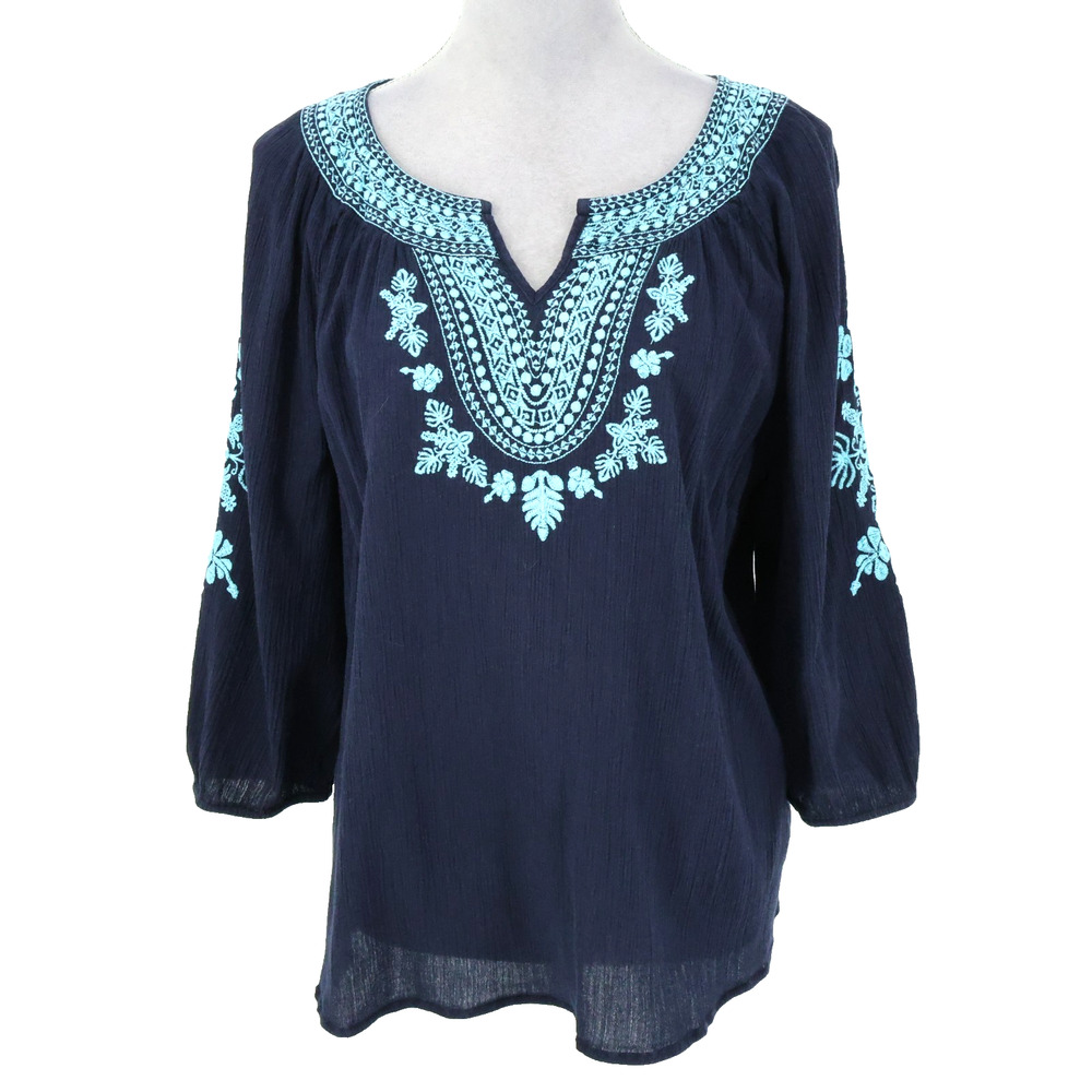 Talbots Top Petites XLP PXL Navy Blue Gauze Blouse Turquoise Embroidered Beach